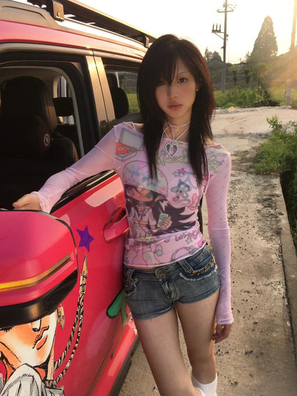 Karrram Japanese Y2k Anime Print Mesh Tops 2000s Aesthetics Pink Sheer Top Vintage Harajuku Kawaii See Through T-shirt Lolita SS69