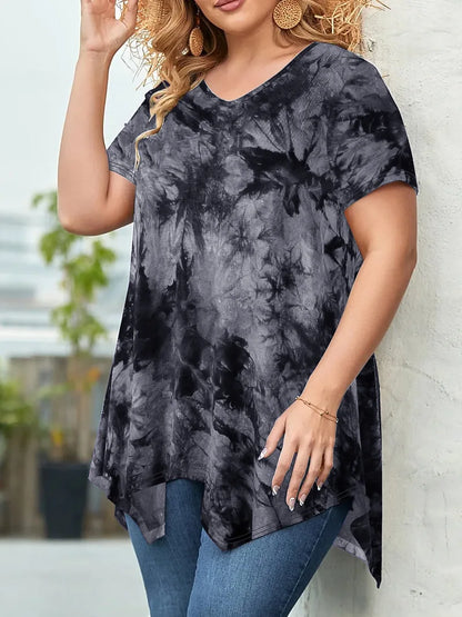 5XL Plus Size Woman Clothing Tie Dye Short Sleeve T-shirt Casual New Style V Neck Irregularity Tops Big Size Ladies Loose Tops - SS69 
