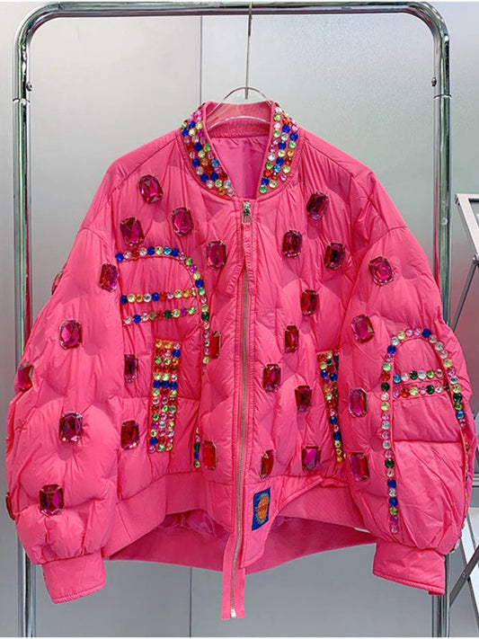 Winter Ruffles Mesh Stitching Rainbow Diamonds Parkas Jacket Gauze Pleated Gemstones Cotton-padded Coat Zippers Crystal Outwear SS69