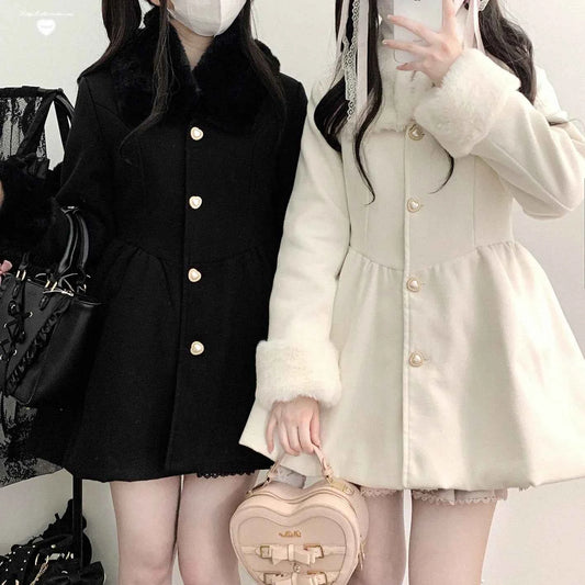 Original Japanese Sweet Imitation Woolen Coat Removable Fur Collar 2025 Winter Jacket Love Single-breasted Wool Overcoat Femlae