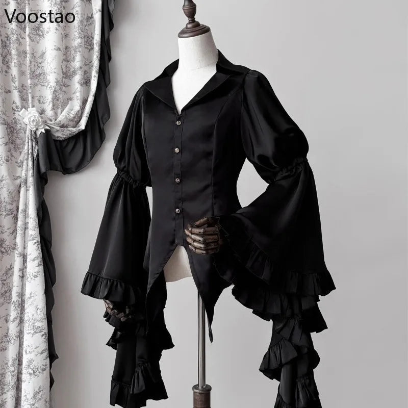 Japanese Vintage Elegant Lolita Shirt Women Victorian Gothic Flare Sleeve Blouses Female Y2k Aesthetic Casual Retro Tops Blusas SS69