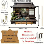 Retro Japanese Wooden Key Holder with 4 Bronze Hooks