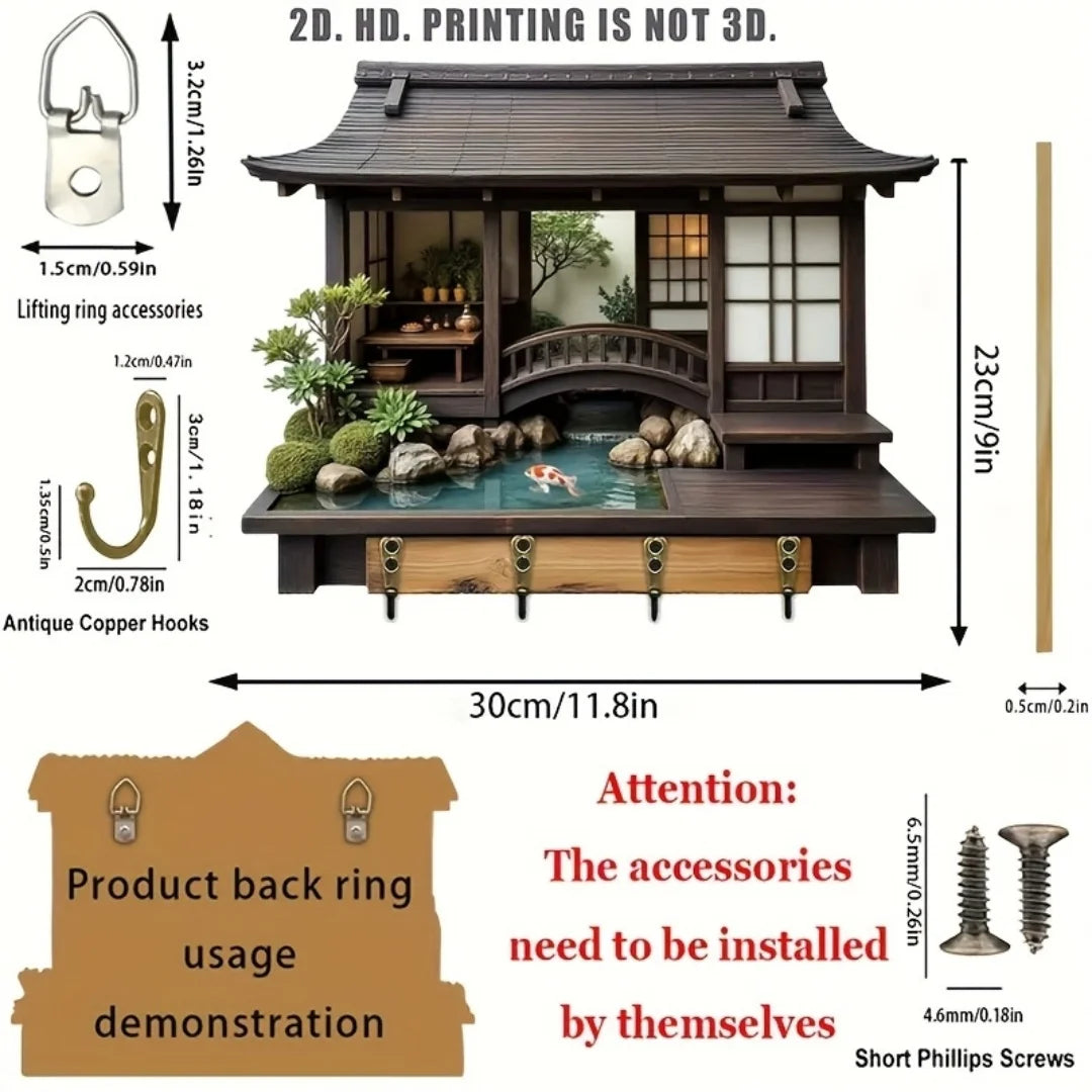Retro Japanese Wooden Key Holder with 4 Bronze Hooks