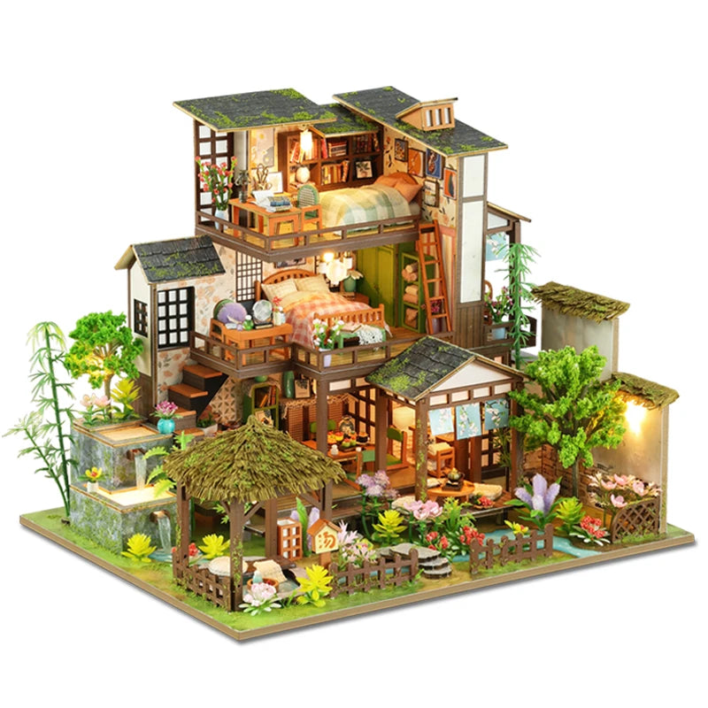 DIY Wooden Bamboo Spring Courtyard Casa Miniature Building Kits Bookend Assembled Dollhouses Bookshelf Home Decor Friends Gifts SS69 82.69 K003 only dollhosue / CHINA