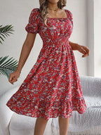 Summer Women's Beach Dress Floral 3D Print Square Neck Short-Sleeved Ladies Waist Ruffled A-Line Dress For Women Holiday Dresses