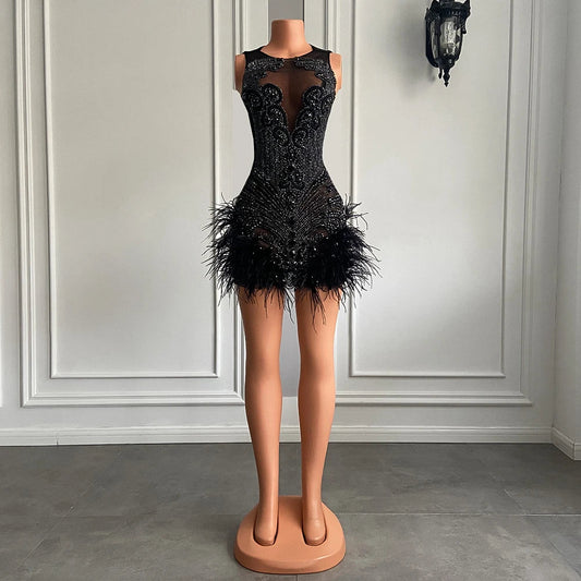 Stunning Sparkly Luxury Diamond Women Birthday Party Cocktail Gowns Sexy Sheer Pink Feather Mini Short Prom Dresses 2025 SS69 233.69 black / Custom size