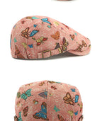 Women's Butterfly Embroidery Cotton Beret Hat - Adjustable Painter Cap