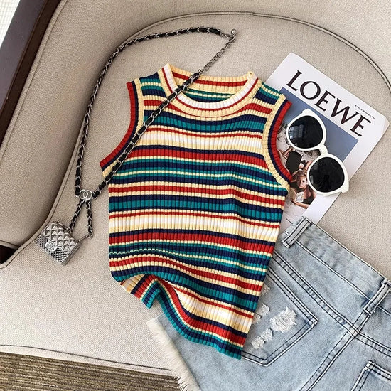 YuooMuoo Chic Fashion Knitted Tops Women 2025 Summer Y2K Rainbow Striped Slim Elastic Sleeveless Tank Tops Steetwear Lady Shirts SS69 13.69 MULTI / One Size