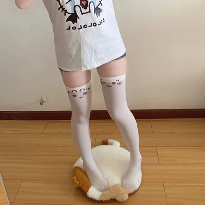 SS69 Japanese Kawaii Expression Thigh High Socks - White Plaid Over Knee