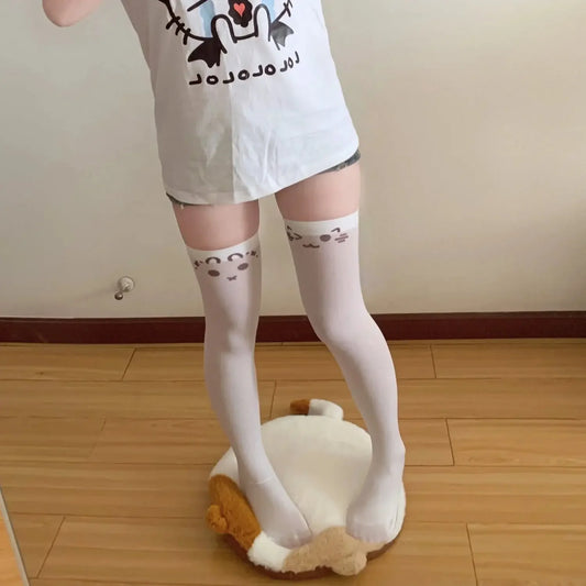 SS69 Japanese Kawaii Expression Thigh High Socks - White Plaid Over Knee