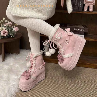 pink Sweet Winter Girls Lolita Mid-Calf Snow Boots,Cute Female Students Plush Warm Bowknots Lace Up Wedge Heel Heightening Shoes