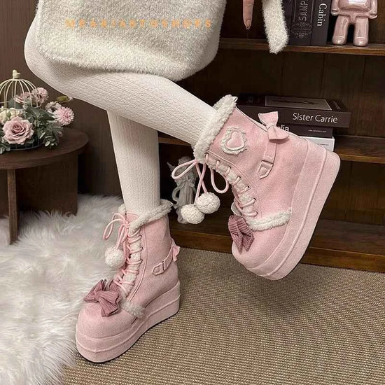 pink Sweet Winter Girls Lolita Mid-Calf Snow Boots,Cute Female Students Plush Warm Bowknots Lace Up Wedge Heel Heightening Shoes