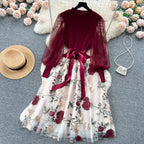 SINGREINY Senior Knitted Patchwork Dress Long Lantern Sleeves Bow Mesh Embroidery Floral Women Autumn France Elegant Party Dress