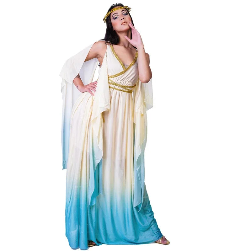 Women's Greek Goddess Cleopatra dress in cream and blue ombre with gold trim and a leaf headband.