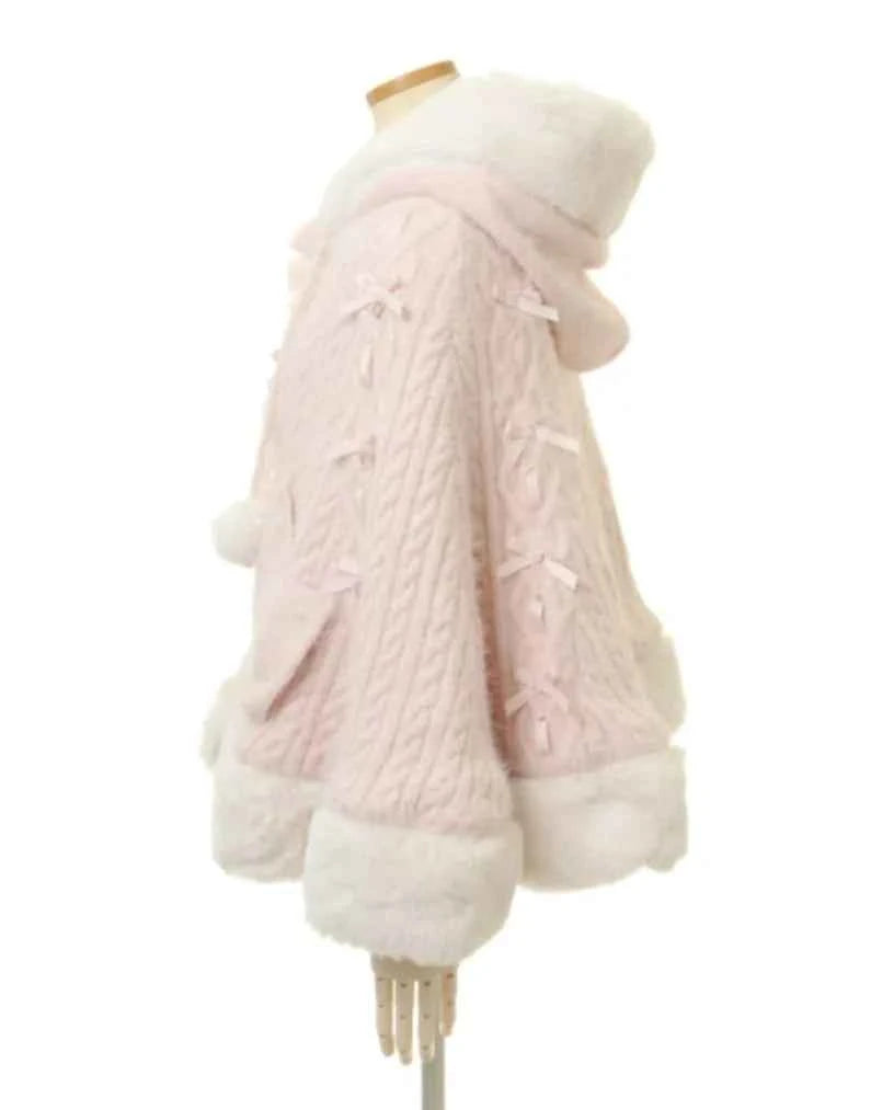 Autumn and Winter Japanese Liz Furry Knitted Cape Coat Sweet Girls Women Mine Series Cute Bow Princess Hooded Kawaii Lolita Coat