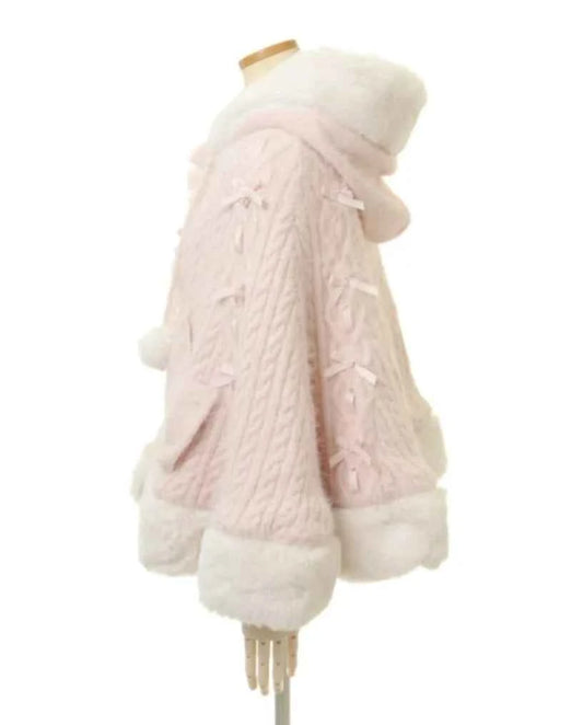 Autumn and Winter Japanese Liz Furry Knitted Cape Coat Sweet Girls Women Mine Series Cute Bow Princess Hooded Kawaii Lolita Coat