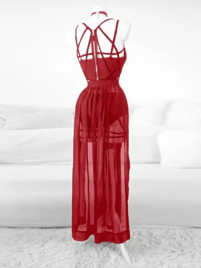 Gothic Mesh Backless Crop Top & Skirt Set - 3 Piece
