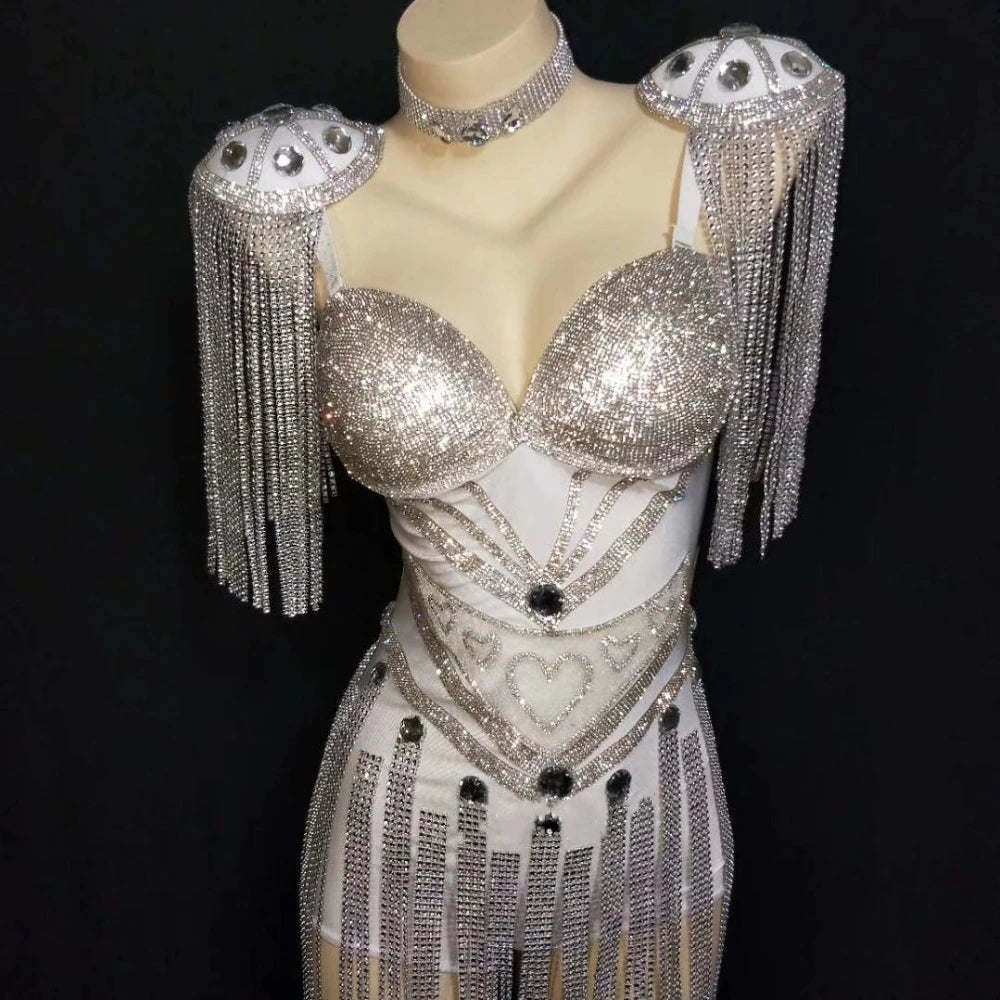 Sparkly White Rhinestones Tassels Epaulet Bodysuit Nightclub Dancer Group DJ Dance Costume Sexy Fashion Singer Stage Wear SS69