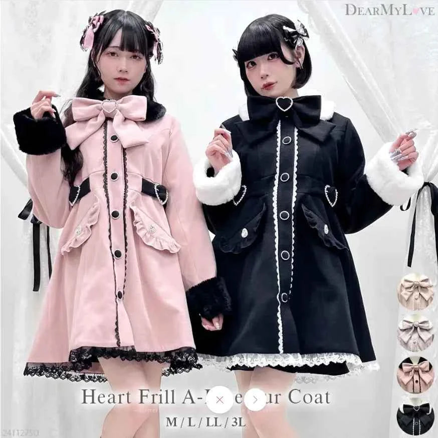 Japanese Sweet Winter Woolen Coat Lolita Style Cute Big Bow Fungus Edge Long Sleeve Slim Kawaii Girls Women Elegant Overcoat