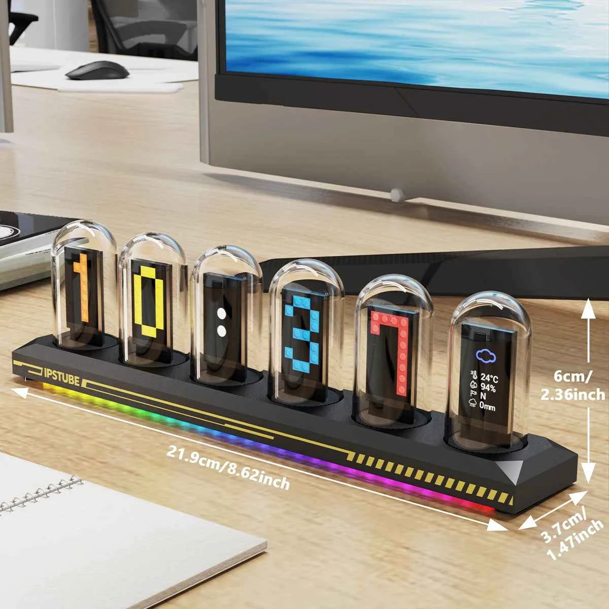 Night Light DIY Nixie Tube Clock Kit Simulation, Digital Clock APP Time Calibration, 3 Light Mode, 12/24h Display IPS