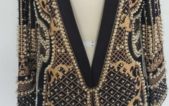 Pearl Embroidery Female Jacket, Full Sleeve Slim Jackets, V Neck, Hidden Button Print Suit, Large Size, Fall Fashion SS69