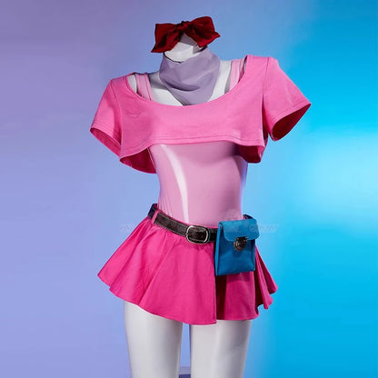Anime Bulma Cosplay Costume Wig Women Short T-shirt Sexy Leather Bodysuit Headwear Scarf Belt Bag Set Halloween Carnival Clothes
