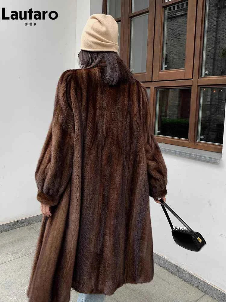 Lautaro Winter Long Brown Thick Warm Soft Faux Mink Fur Coat Women Puff Sleeve Elegant Luxury Chic Fluffy Furry Overcoat 2023