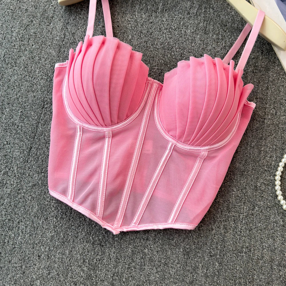 korean fashion mesh summer Fashion fishbone camis Corset  Slim Hotsweet Tank Top Women sweet crop top SS69