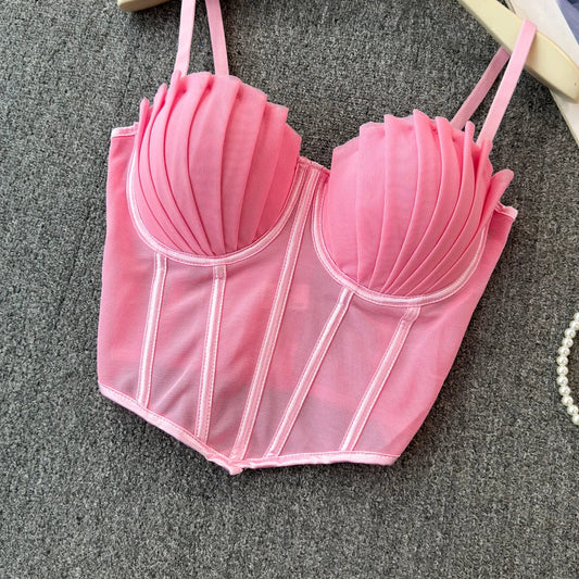 korean fashion mesh summer Fashion fishbone camis Corset  Slim Hotsweet Tank Top Women sweet crop top SS69