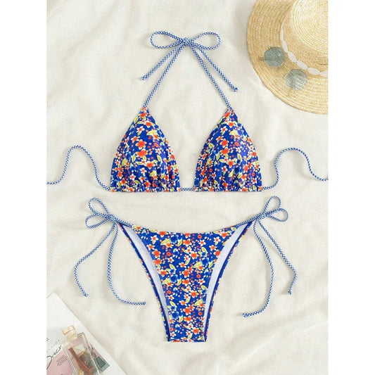 Swimsuit 2025 Female Micro Bikini Women Swimwear Summer Beachwear Women's Bathing Suit Floral Print Neck Halter Thong Bikini Set SS69 17.69 Blue Floral / S
