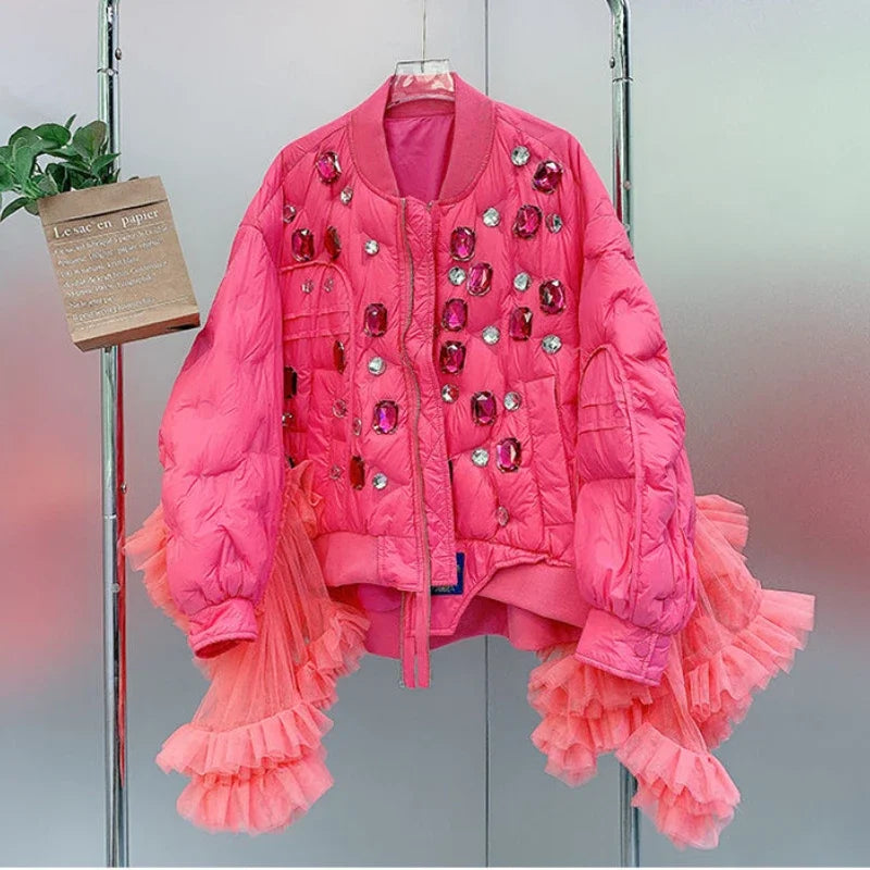 Winter Ruffles Mesh Stitching Rainbow Diamonds Parkas Jacket Gauze Pleated Gemstones Cotton-padded Coat Zippers Crystal Outwear SS69