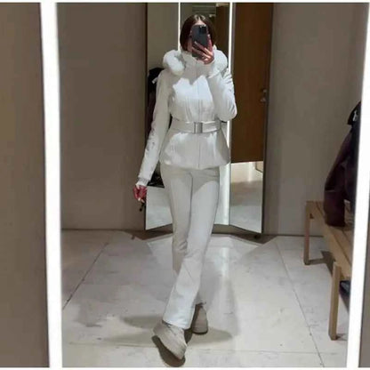 Fashion Solid Warm Ski Suit Women's Hood Fur Trim Full Sleeves Belt Coats High Waist Pants 2025 Winter Lady Windproof Tracksuit