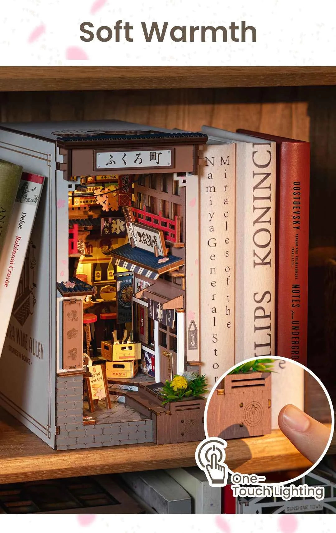 Robotime Rolife Sakura Wine Alley Japanese Style Design Book Nooks Kit for Family Home Bookshelf Decoration 3D DIY Wooden Puzzle