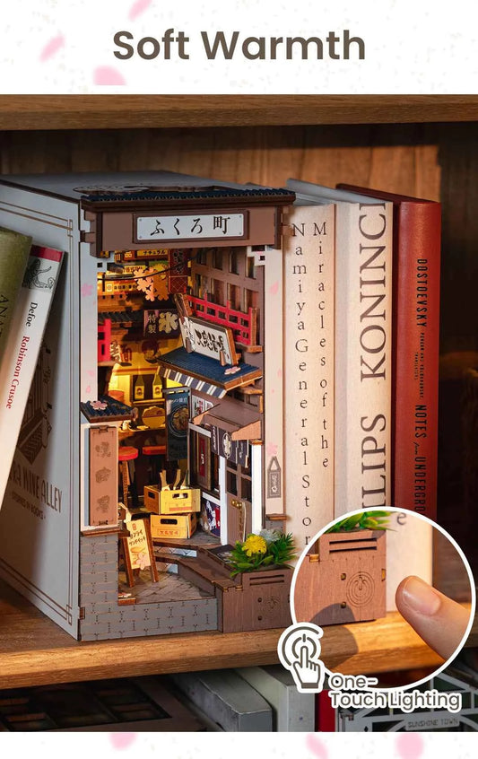 Robotime Rolife Sakura Wine Alley Japanese Style Design Book Nooks Kit for Family Home Bookshelf Decoration 3D DIY Wooden Puzzle