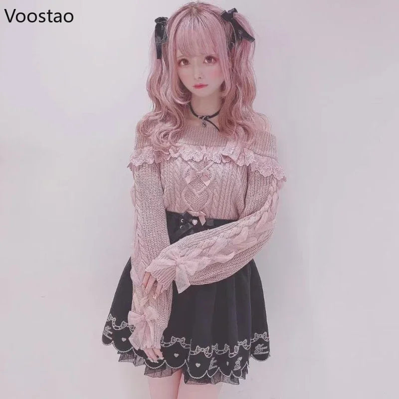 Sweet Lolita Knit Pullover with Lace Ruffles & Bows
