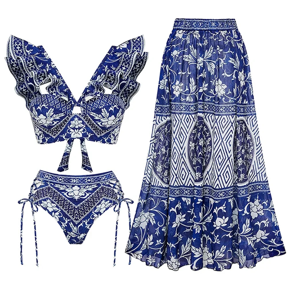 2023 New Arrival Push Up Women Bikini Set Floral Printed Ruffle Bikinis Strappy Bandage Swimwear Brazilian Biquini Bathing Suit SS69