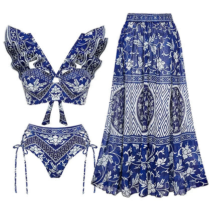 2023 New Arrival Push Up Women Bikini Set Floral Printed Ruffle Bikinis Strappy Bandage Swimwear Brazilian Biquini Bathing Suit SS69