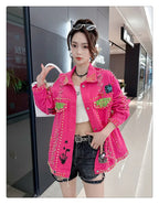 Women Graffiti Printed Rivets Denim Jacket Loose Holes Diamonds Jeans Coat Sequined Cowboy Ripped Streetwear Cardigan Ins Tops SS69