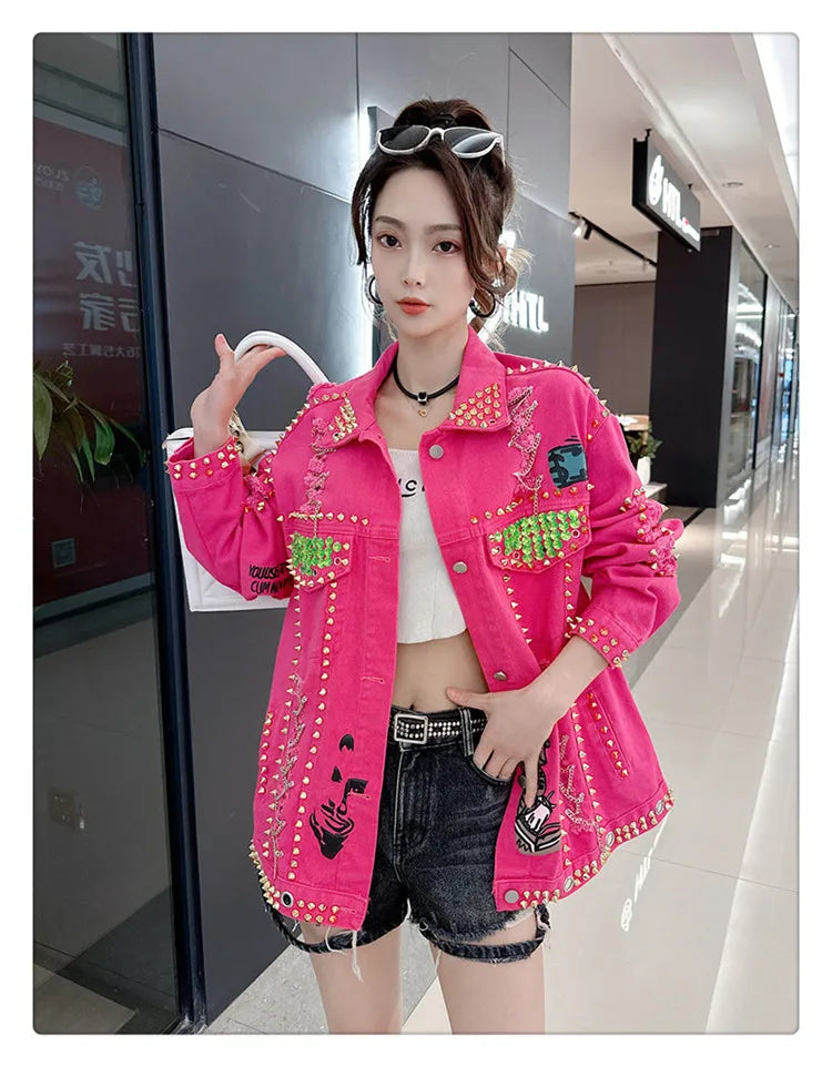 Women Graffiti Printed Rivets Denim Jacket Loose Holes Diamonds Jeans Coat Sequined Cowboy Ripped Streetwear Cardigan Ins Tops SS69