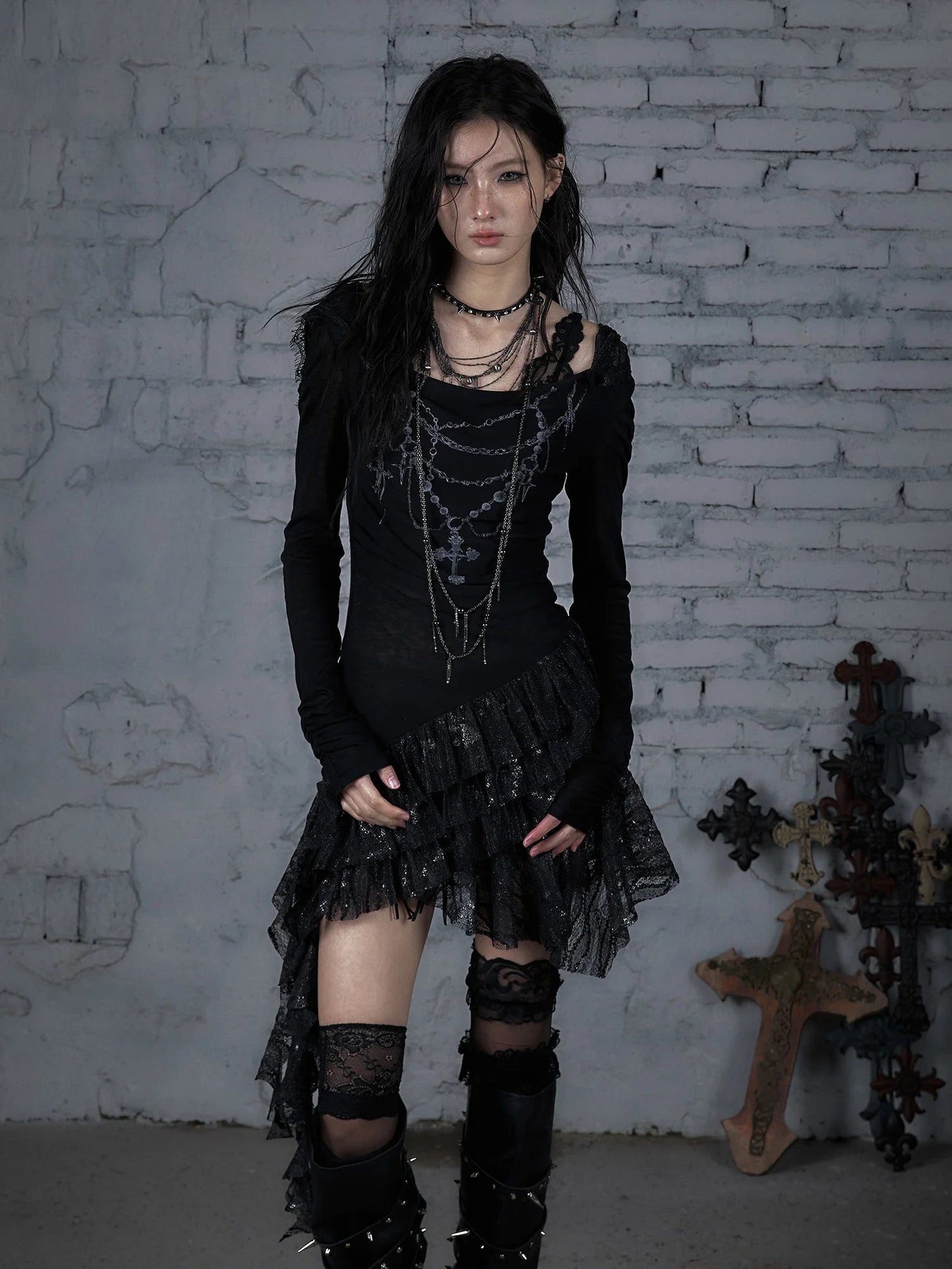 NO ROMANCE Fairy Sexy Punk Printing Half Transparent Lace Patch Knitted Long Sleeve Hooded Dresses Rock Gothic Design Vestidos SS69