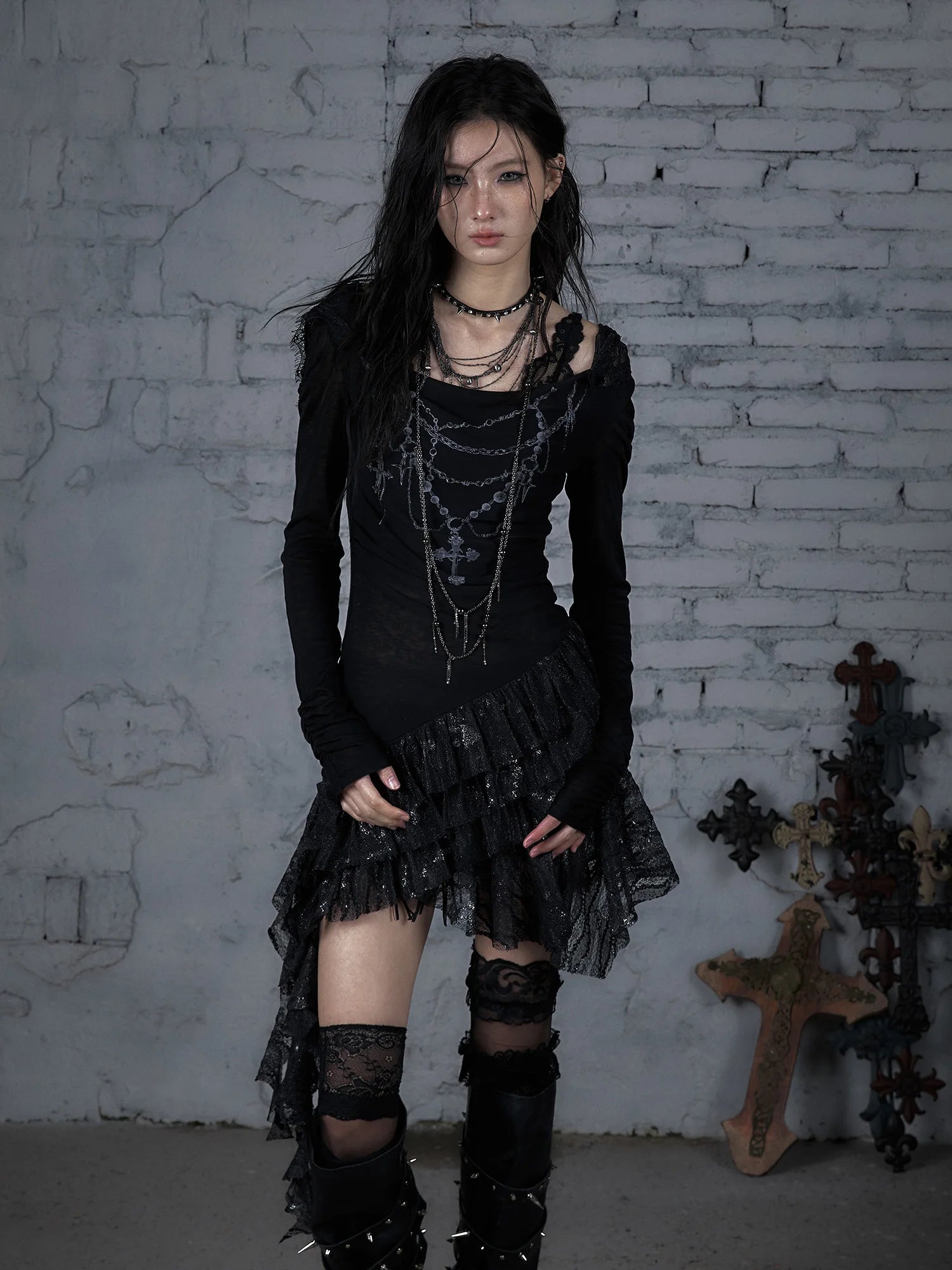 NO ROMANCE Fairy Sexy Punk Printing Half Transparent Lace Patch Knitted Long Sleeve Hooded Dresses Rock Gothic Design Vestidos SS69