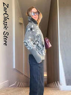 Warm Printed High Collar Knit Cardigans Women Contrast Jacquard Zipper Full Sleeve Pocket Sweater 2026 Spring Lady Chic Knitwear