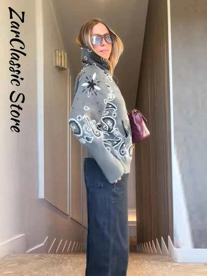 Warm Printed High Collar Knit Cardigans Women Contrast Jacquard Zipper Full Sleeve Pocket Sweater 2026 Spring Lady Chic Knitwear