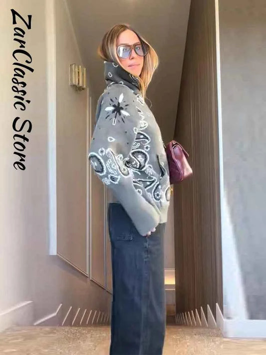 Warm Printed High Collar Knit Cardigans Women Contrast Jacquard Zipper Full Sleeve Pocket Sweater 2026 Spring Lady Chic Knitwear