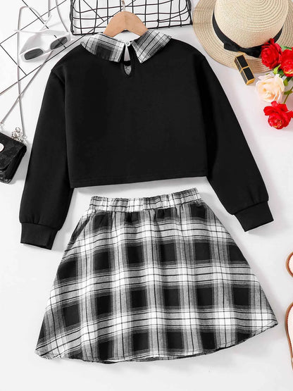Girls Fashion Casual 2-Piece Set Black Lapel Long-Sleeved Letter Print Shirt Plaid Skirt Spring Autumn New