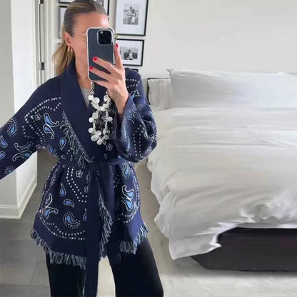 Vintage Tassels Print Women's Print Cardigan V-Neck Lace Up Full Sleeve Spliced Sweaters 2025 Autumn Lady All-match Kintwears