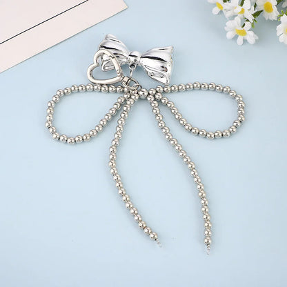 ZAKOL Y2K Korean Cute Beaded Pearl Bowknot Keychain for Women Girls Metal Bow Pendant Bag Decoration Accessories SS69 9.69 Sliver Color set 2