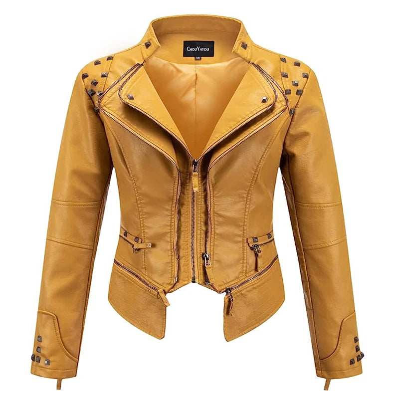 2025 Spring New Style Suit Collar Rivet Waist Short Washed Pu Leather Jacket