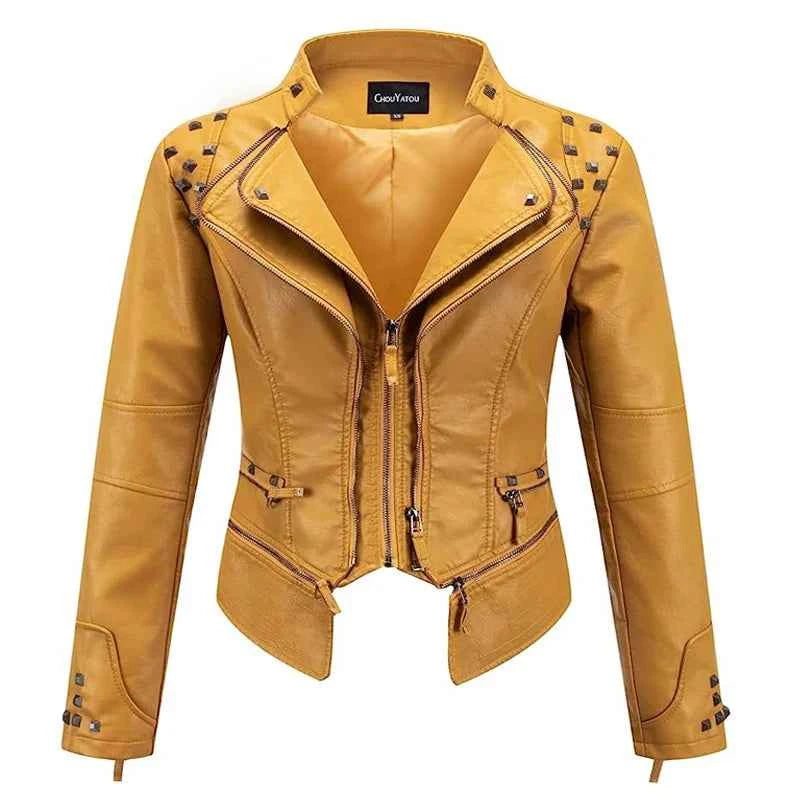 2025 Spring New Style Suit Collar Rivet Waist Short Washed Pu Leather Jacket