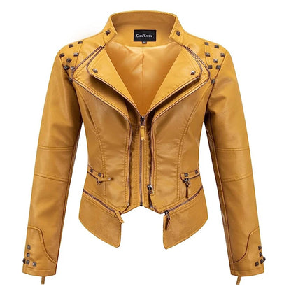 2025 Spring New Style Suit Collar Rivet Waist Short Washed Pu Leather Jacket